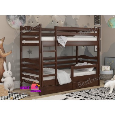 Кровать Двухъярусная с Ящиками 80х190 и бортиком защитным внизу Wellmebely Эрика Трансформер сосна Орех Темный Л6