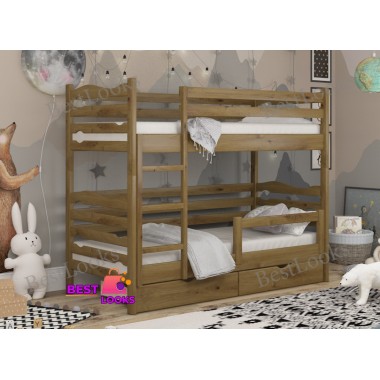 Кровать Двухъярусная с Ящиками 80х190 и бортиком защитным внизу Wellmebely Эрика Трансформер сосна Орех Светлый Л6